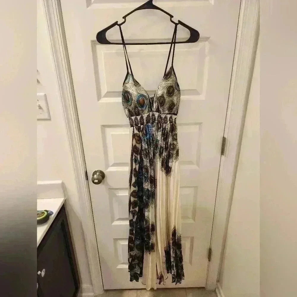 Step in Style Accordion Empire Cut Peacock Dress‎ Size S Maxi Y2K #Z572